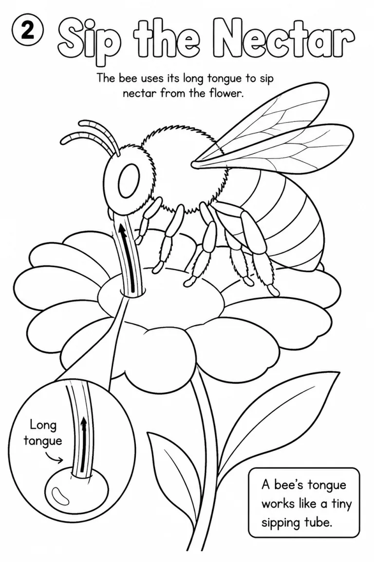 Educational coloring page: step 2, Sip the Nectar, a bee drinking nectar with a close-up of its long tongue and a fact box