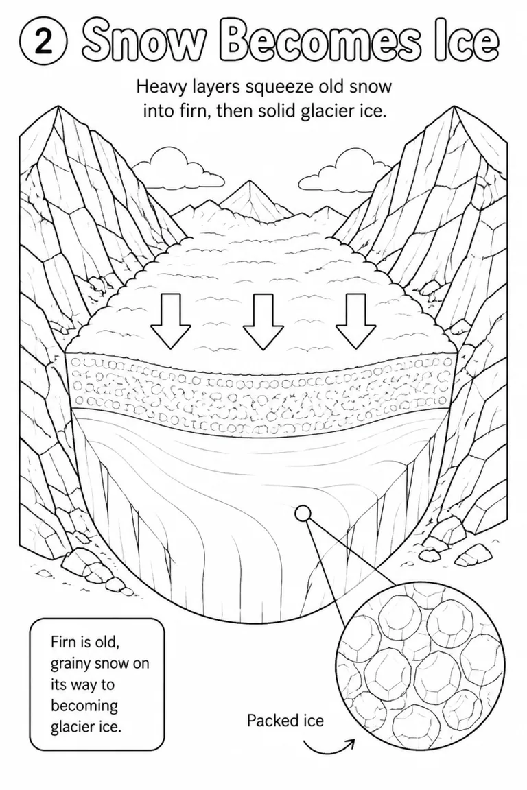Educational coloring page: step 2, Snow Becomes Ice, layers of snow pressing into glacier ice with a close-up of packed ice and a fact box