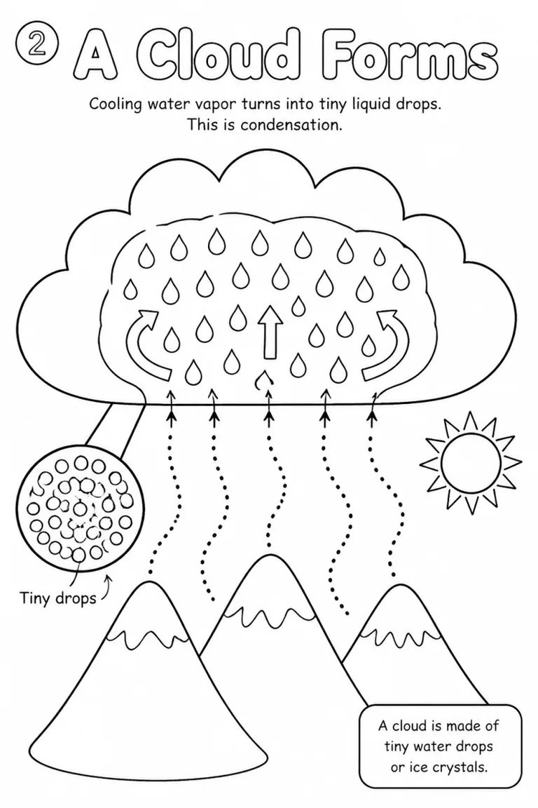 Educational coloring page: step 2, A Cloud Forms, water vapor cooling into cloud droplets with arrows, a close-up and a fact box