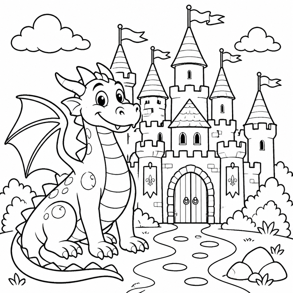 Dragon and castle coloring page created with InkChamps