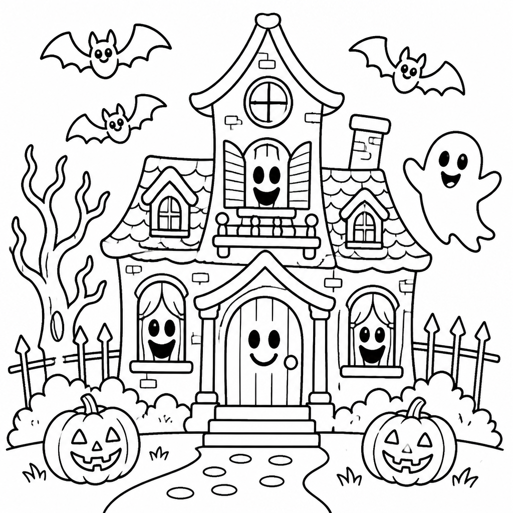 Haunted house coloring page created with InkChamps