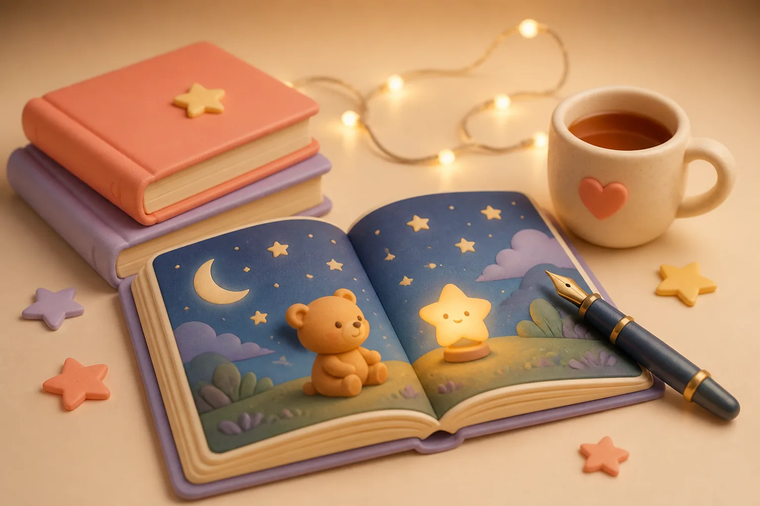 An open illustrated storybook showing a bear cub and a glowing nightlight under a starry sky