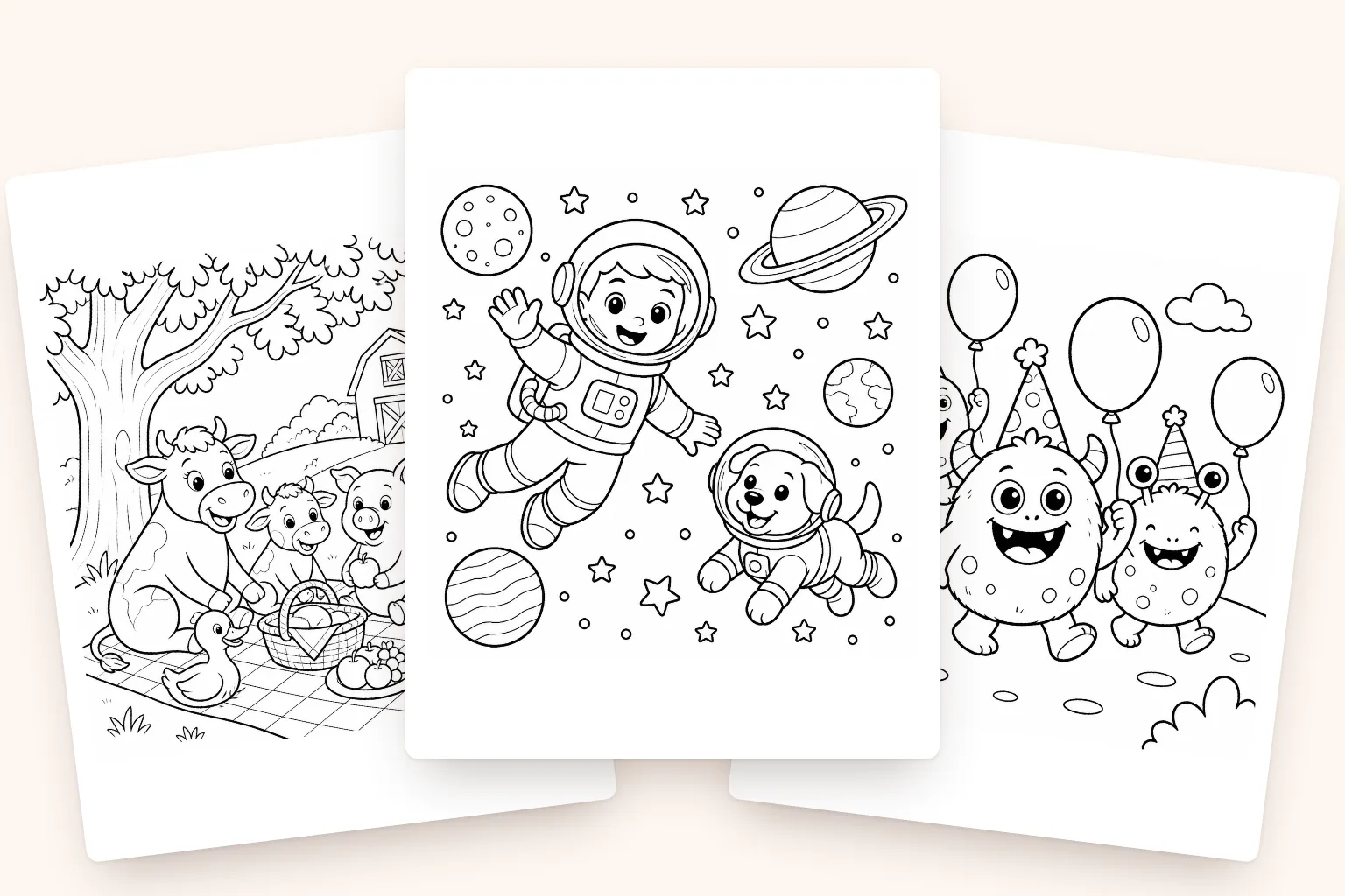 Three pages from one InkChamps coloring book: farm animals having a picnic, an astronaut floating with a space dog, and a parade of friendly monsters