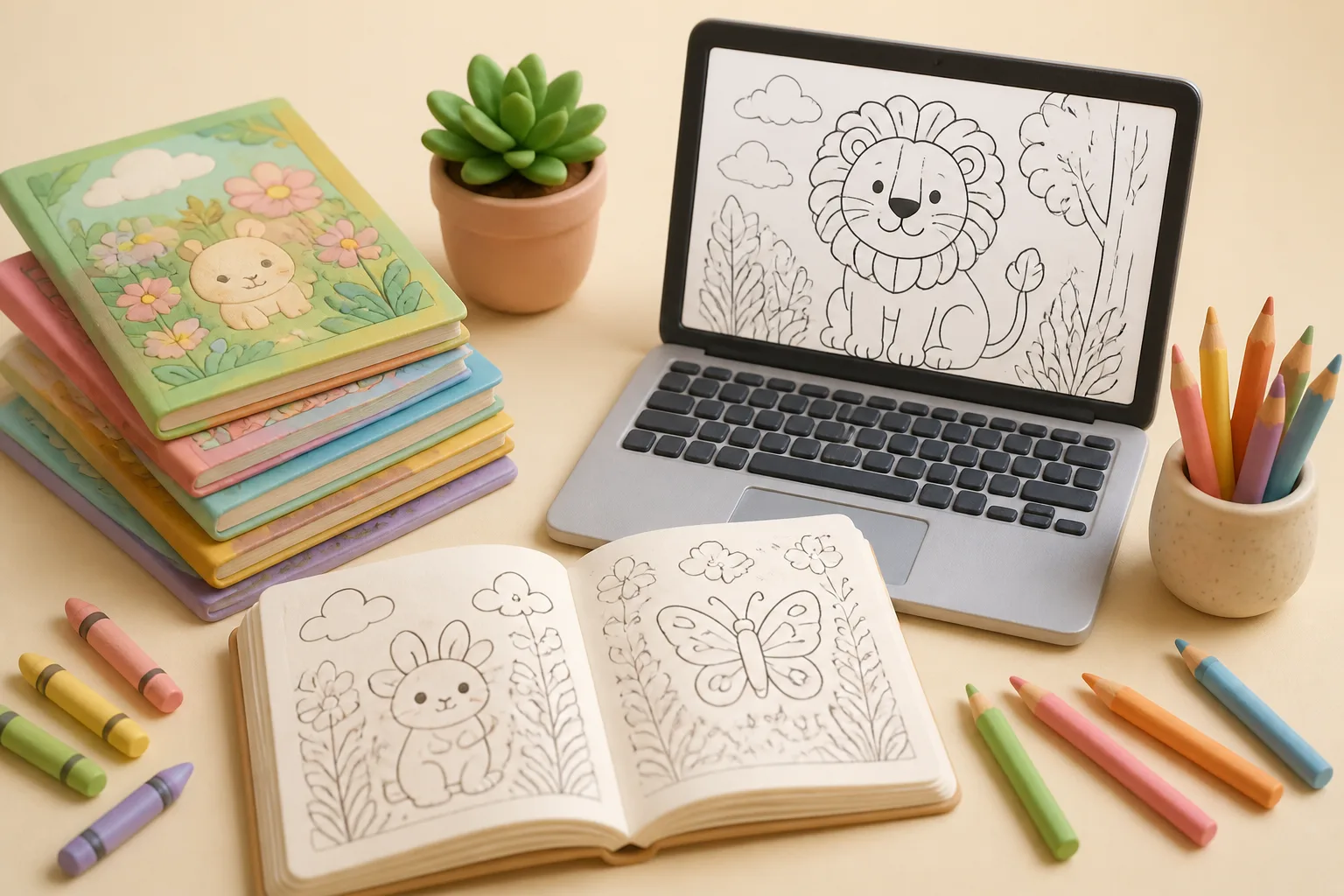 A stack of coloring books and a laptop showing a black and white lion coloring page, surrounded by crayons