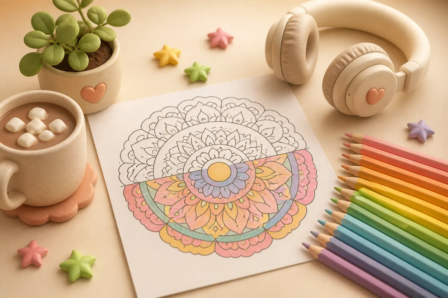 A half-colored mandala coloring page surrounded by a rainbow fan of colored pencils