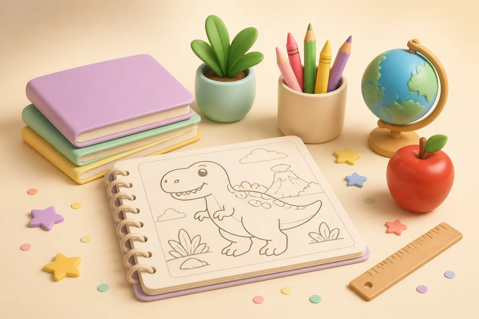 A dinosaur coloring worksheet on a teacher's desk, surrounded by crayons, an apple, and a globe