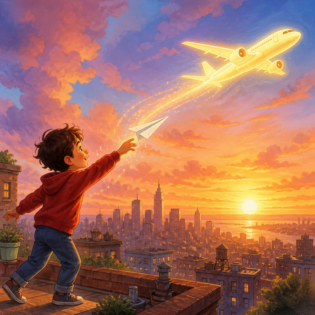 Paper airplane adventure illustrated storybook page created with InkChamps