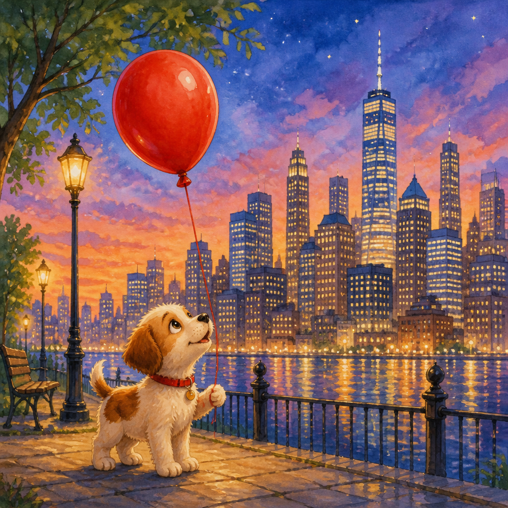 Puppy exploring the city illustrated storybook page created with InkChamps
