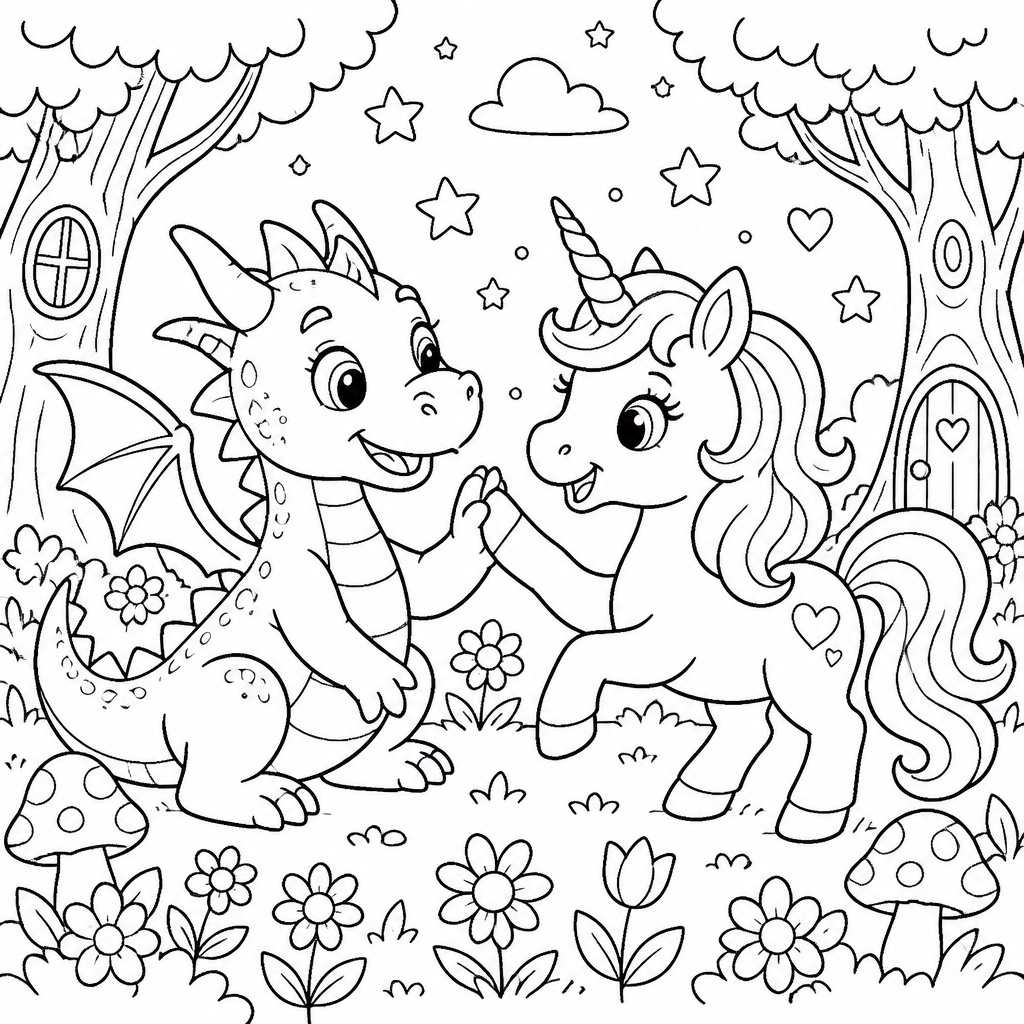 Fantasy dragon and unicorn coloring book page created with InkChamps