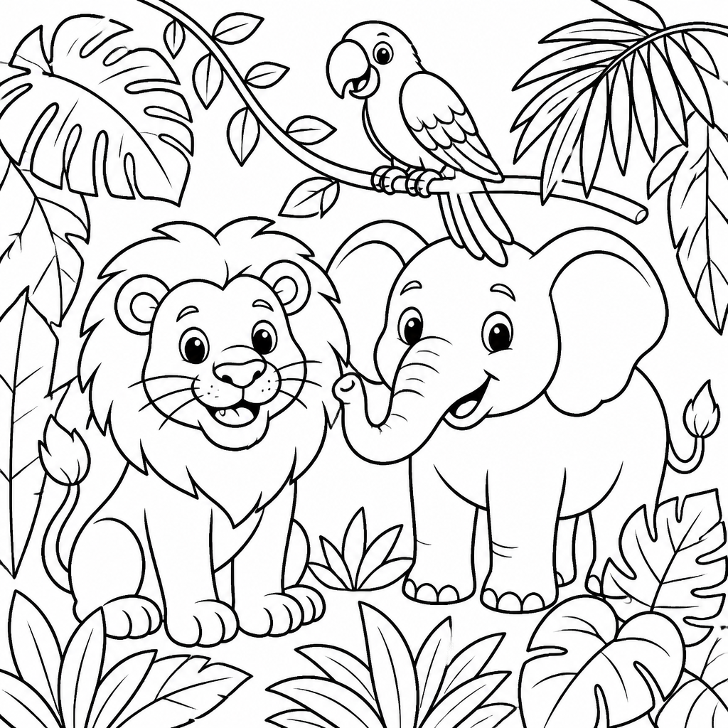 Jungle animals coloring book page created with InkChamps