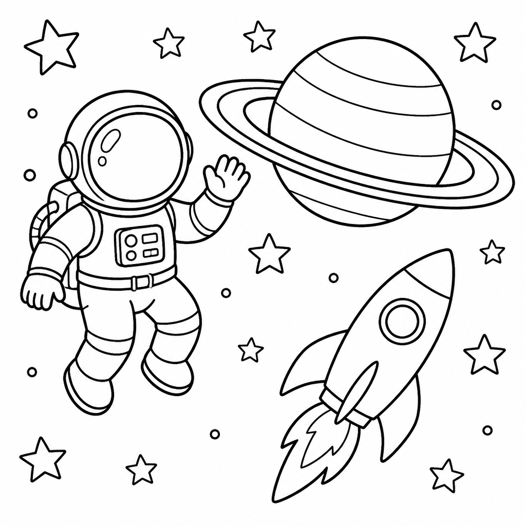 Space explorer coloring book page created with InkChamps