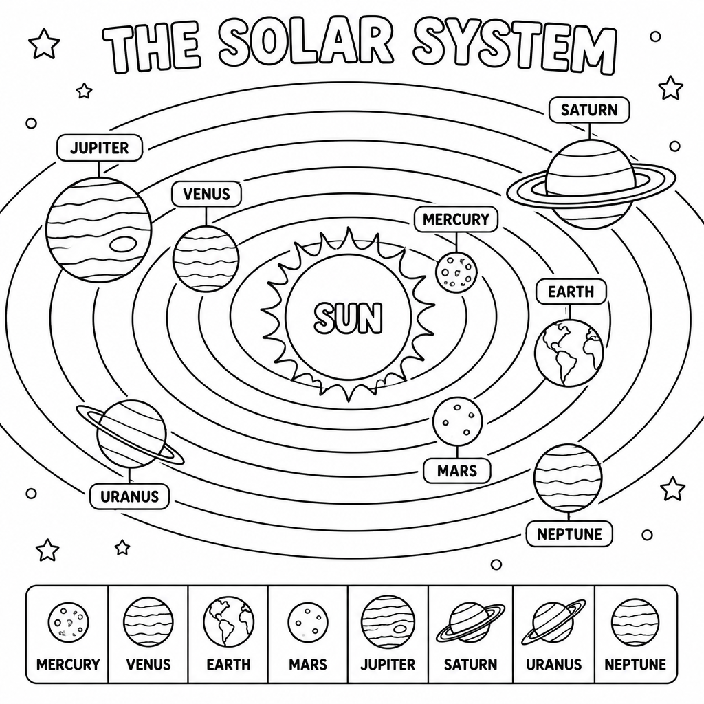 Solar system coloring page created with InkChamps
