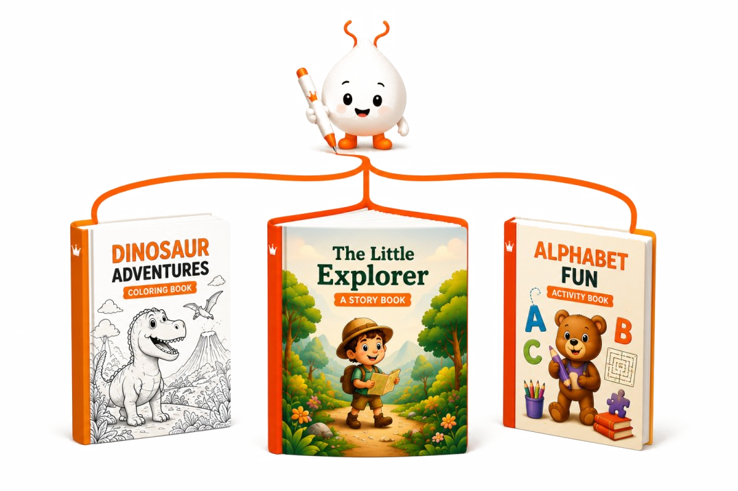 InkChamps children's book creator showing coloring books, story books, and activity books